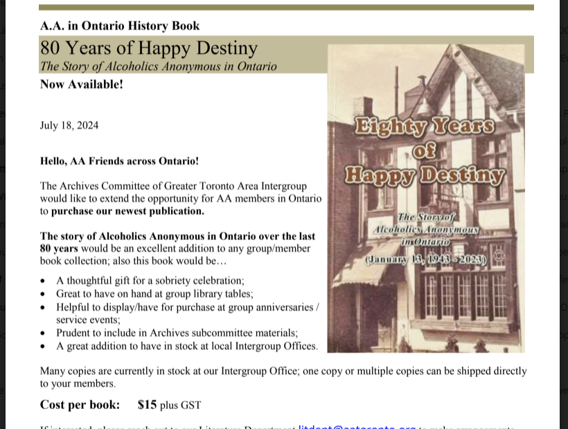 80 Years of Happy Destiny The Story of Alcoholics Anonymous in Ontario